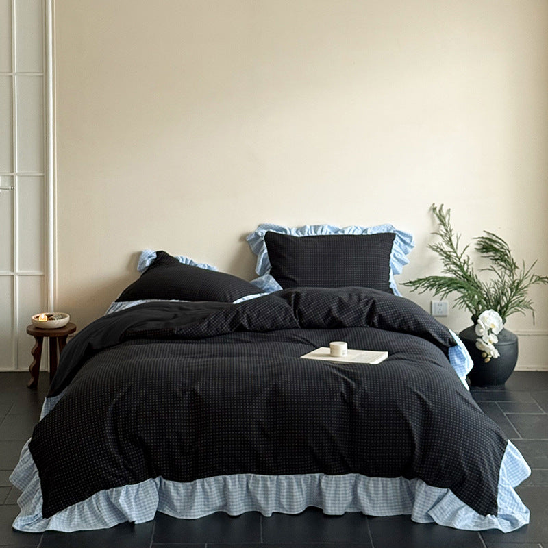 Contrast Ruffle Gingham Cotton Bedding Set, Onyx & Mist, bed arrangement - Roomden