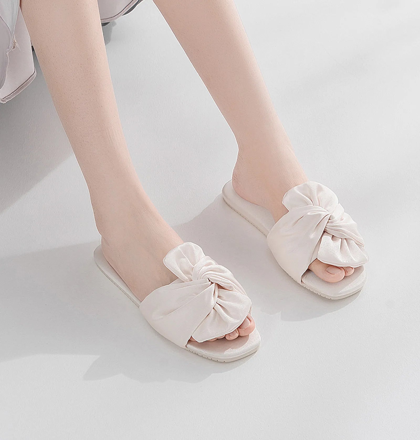 Model wearing Sage Green Bow Slides showing fit and toe shape - RoomDen