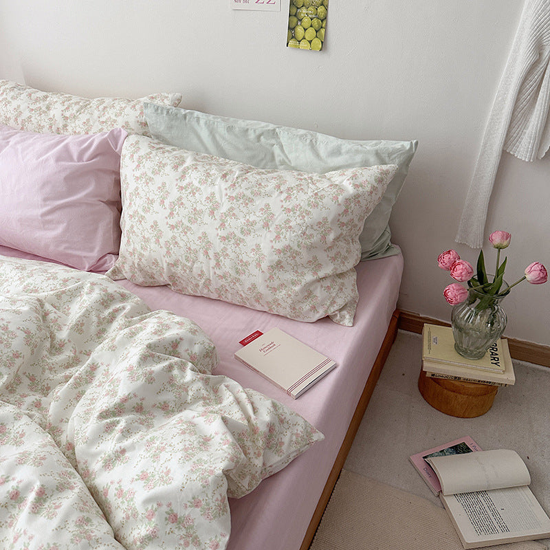 Ivory Pink Bouquet Cotton Bedding Set – complete bed scene with coordinating pillow styling - Roomden