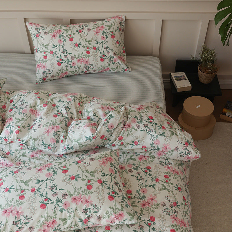 Ivory Pink Meadow Cotton Bedding Set with coordinating pillow styling - Roomden