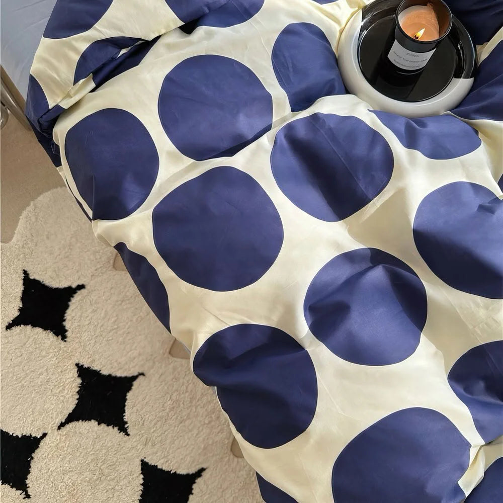 Close up of Navy Blue Organic Dots on Cream Cotton Fabric - RoomDen