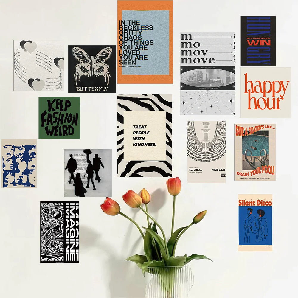 Indie Aesthetic Wall Collage Kit displayed on a white wall above a vase of tulips, showing a potential layout - RoomDen