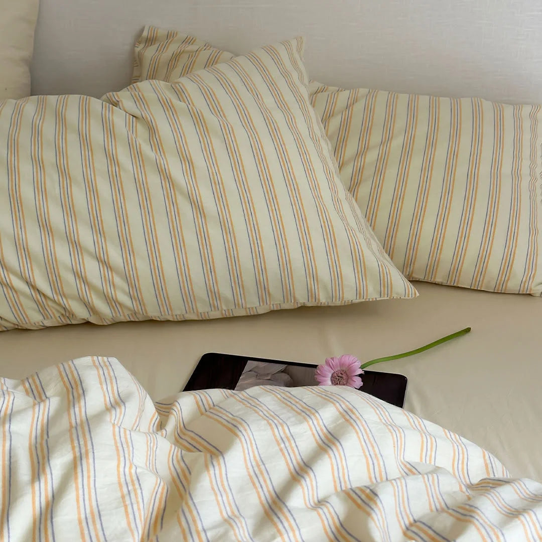 Close Up of Yellow Striped Pillowcases Soft Cotton Fabric - RoomDen