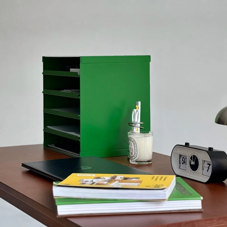 Side view of the Kelly Green metal document tray, highlighting its solid color design - RoomDen.