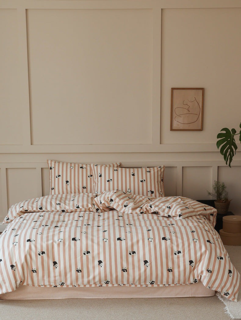 Peach Panda Stripe Cotton Bedding Set – full bed with peach stripes and tiny panda motifs - Roomden