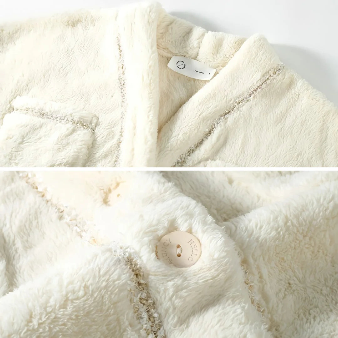 Detail shots of the cream pajama top, showing the collar tag, sparkly trim, and a button - RoomDen.