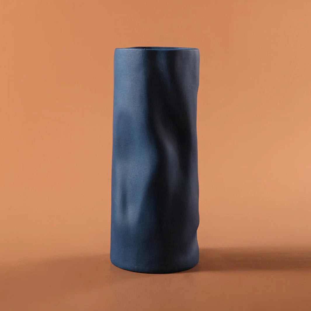 A deep Midnight Blue variant of the Ruched Frosted Ceramic Vase with its signature crinkled texture - RoomDen.