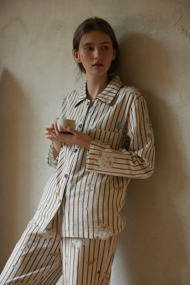 Close up of Long Sleeve Button Down Pajama Top with Cute Print - RoomDen