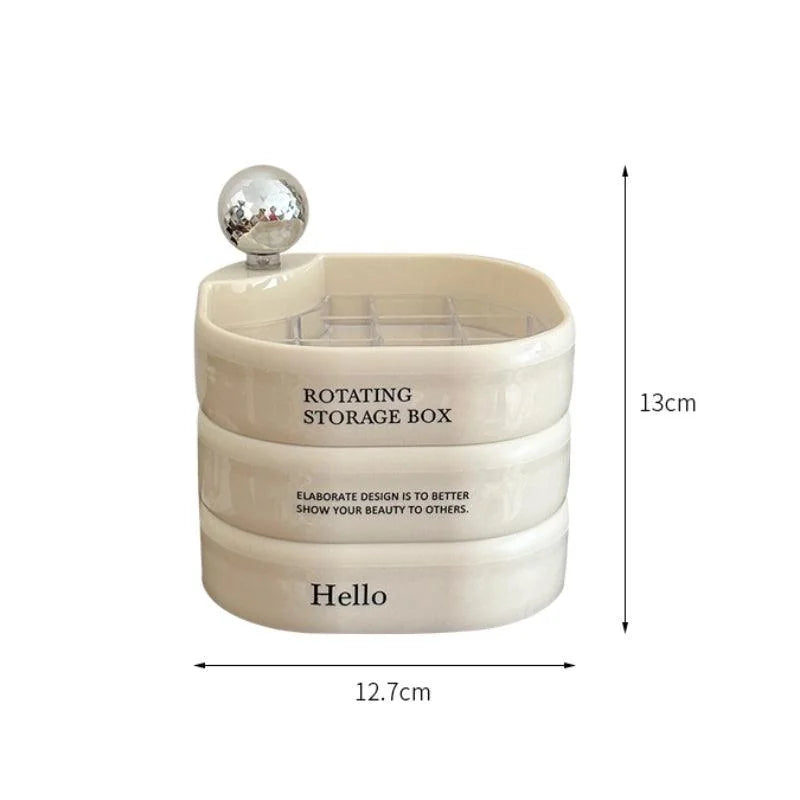 A product image of the creamy white jewelry organizer with dimensions 5.1" height and 5.0" width shown.