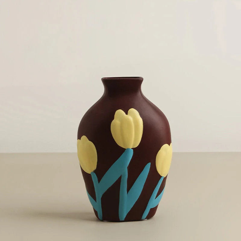Mocha Brown Pop Art Floral Ceramic Vase with yellow 3D tulips on a neutral background. - RoomDen
