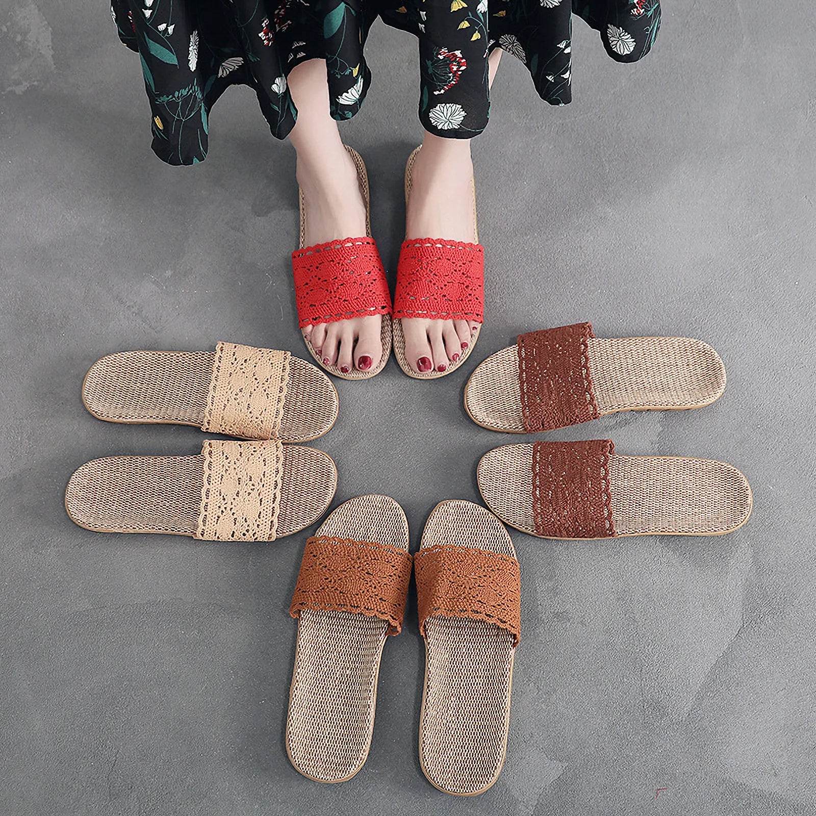 Red and brown solid color lace slippers displayed on model feet - RoomDen
