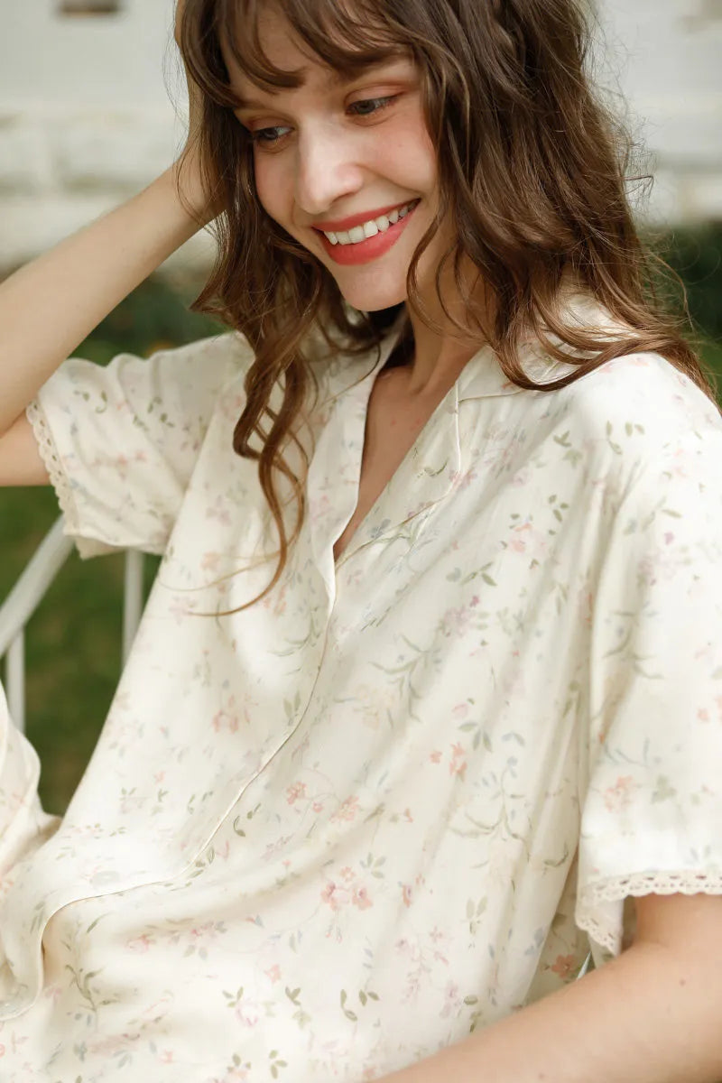RoomDen Silky Dainty Floral Cotton Sateen Pajama - Coquette Style Main Shot