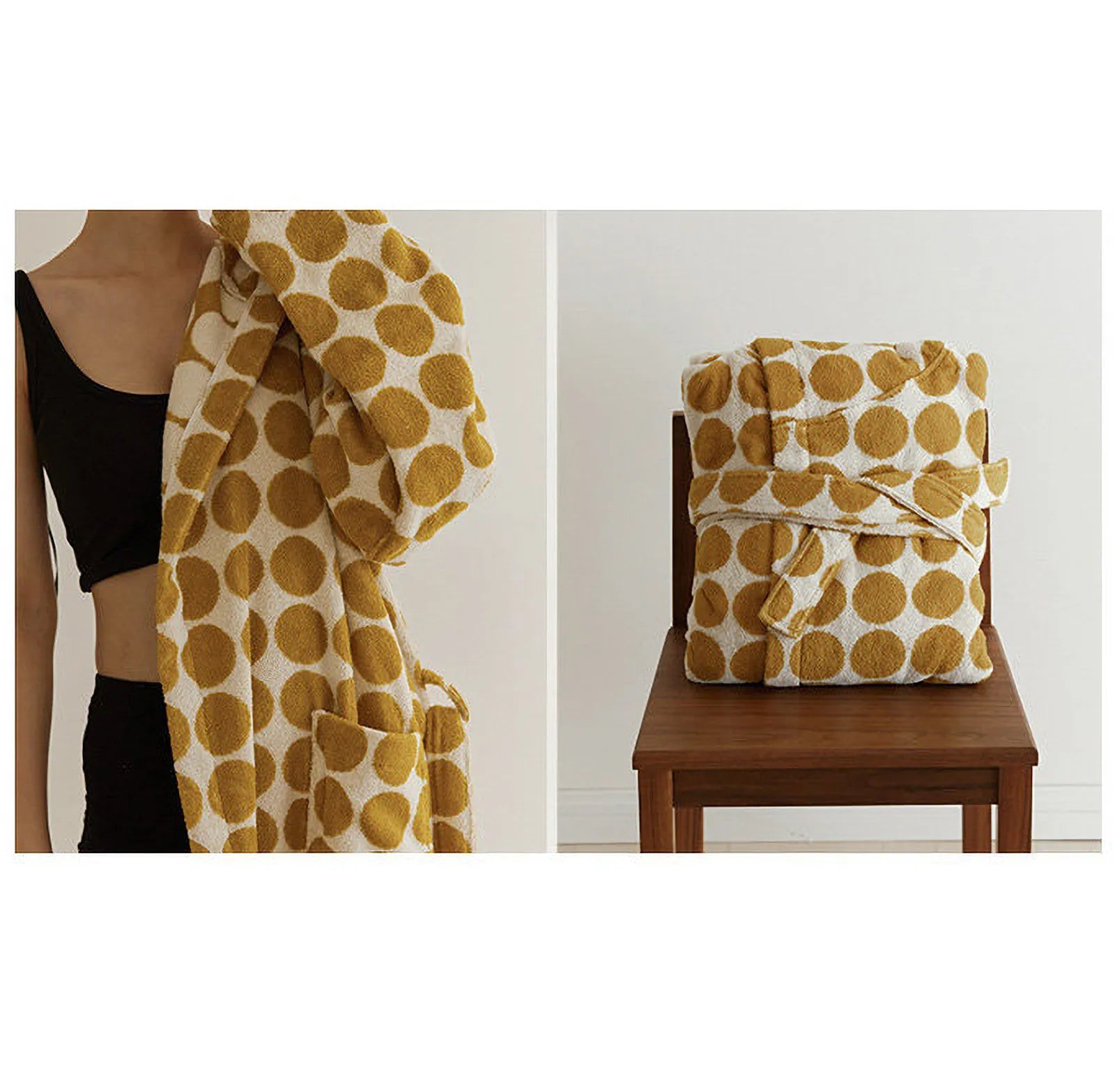 Side view of a person wearing the robe over black loungewear, showing the textured fabric - RoomDen