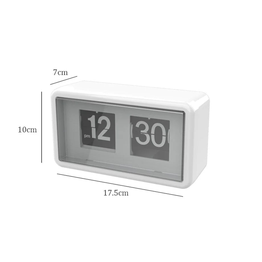 White retro flip clock with dimensions displayed: 17.5cm length, 10cm height, 7cm depth. - RoomDen