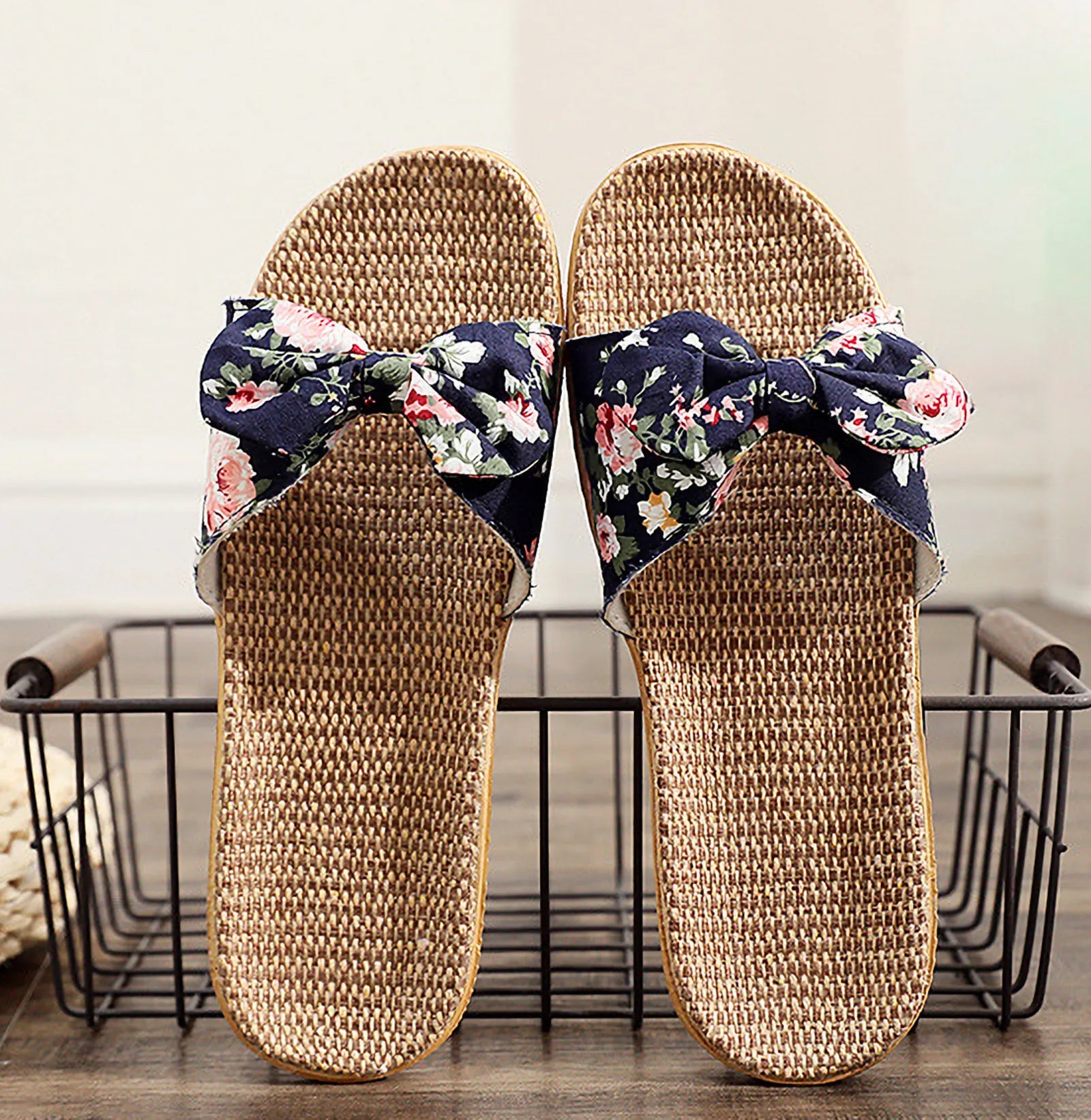 Top view of Navy Floral Linen Slippers on wire basket - RoomDen