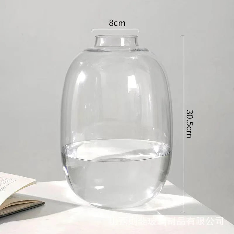 Close-up of the large-sized clear glass vase showing dimensions: 30.5cm height and 8cm mouth. - RoomDen