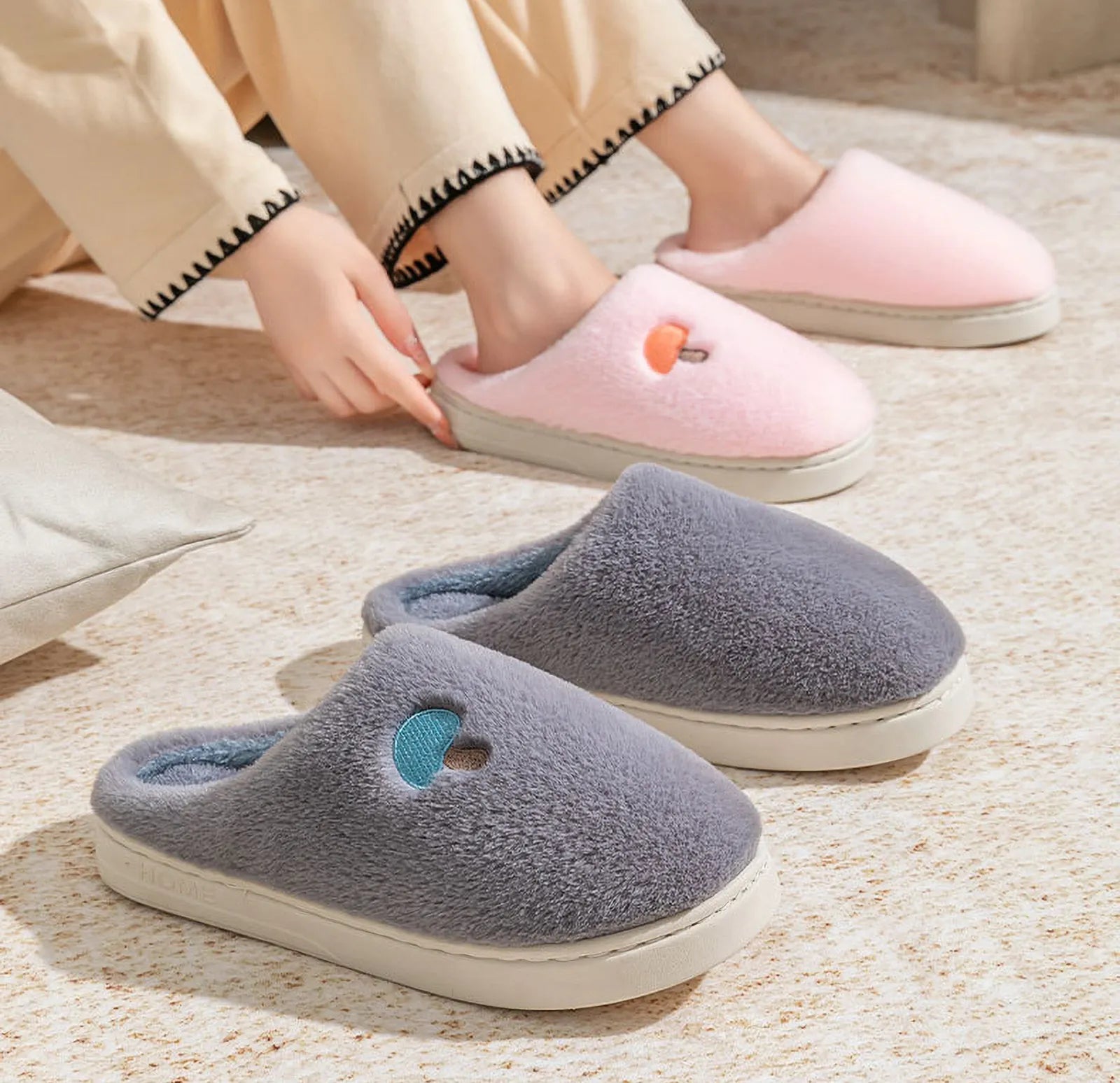Woman wearing Pink Plush Mushroom Embroidered Fleece House Slippers sitting on floor - RoomDen