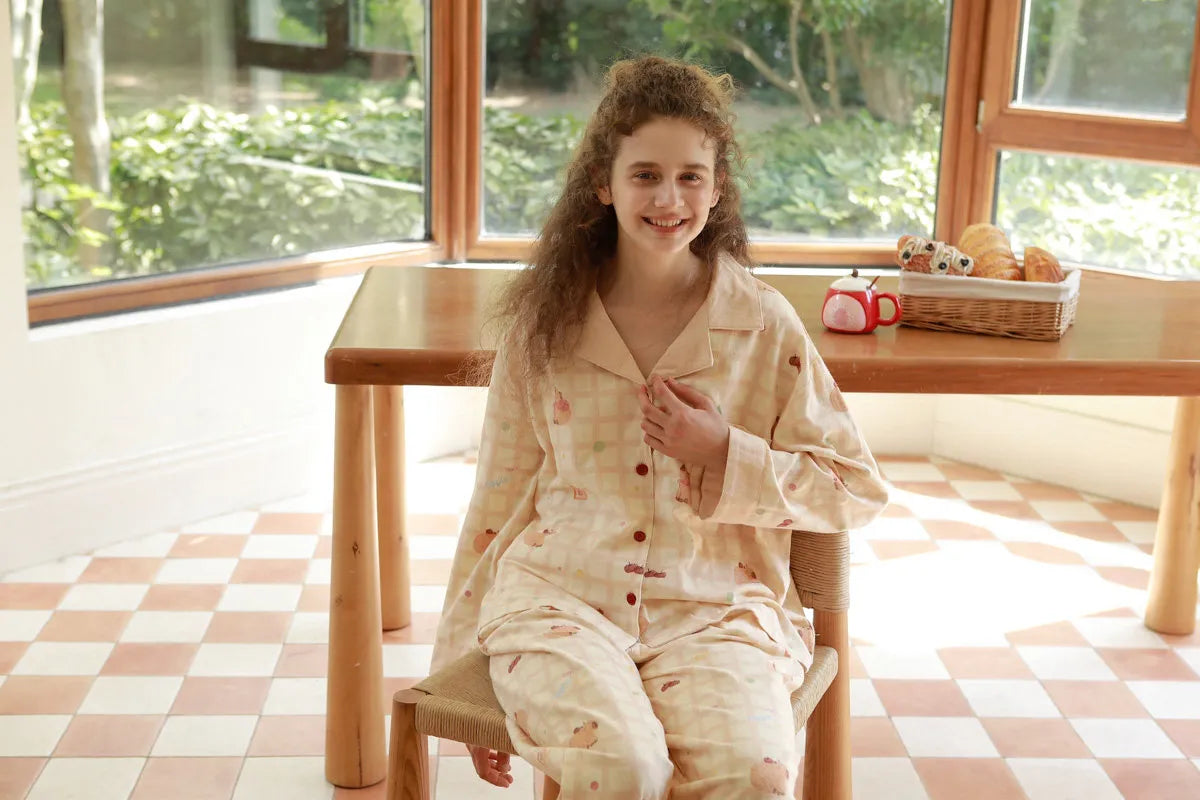 Front View of Long Sleeve Cotton Pajama Top with Collar and Pocket - RoomDen