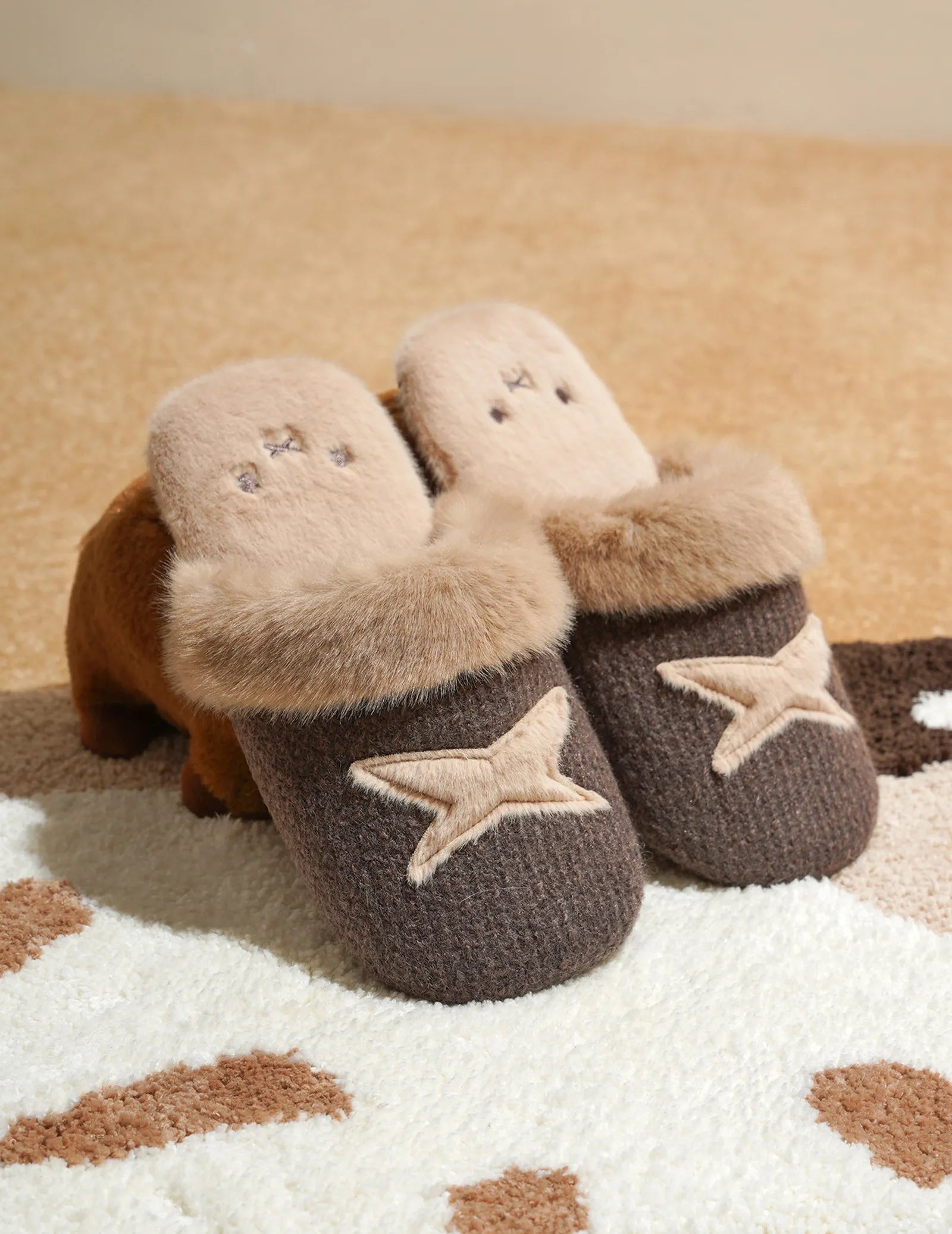 Close up of brown star pattern house slippers with bunny face embroidery - RoomDen