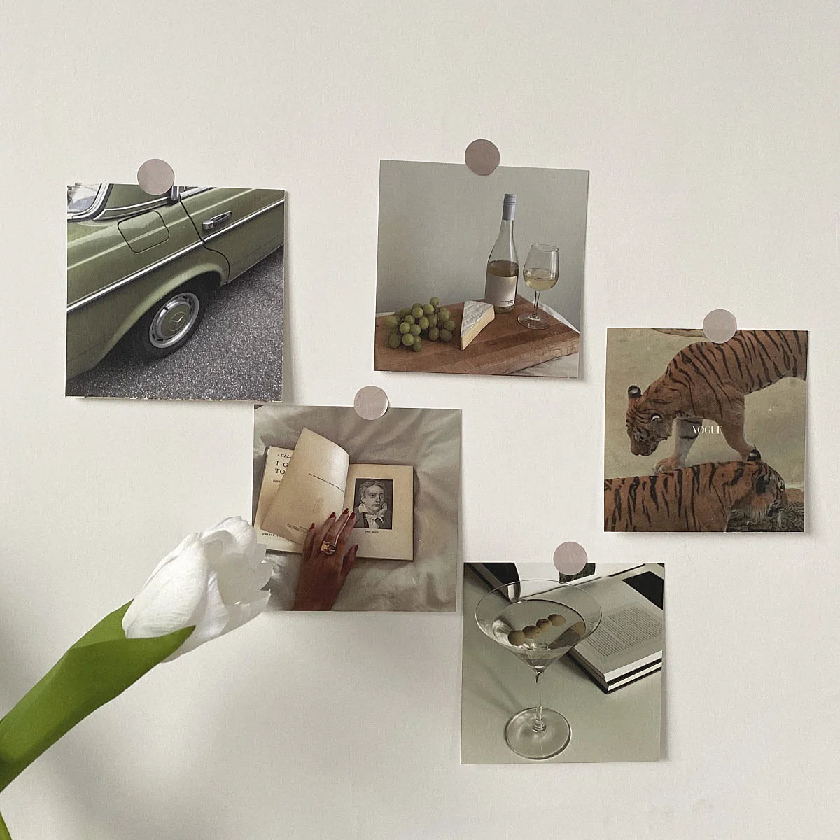 Detail shot of the vintage car, tiger, and martini prints from the Aesthetic Wall Collage Kit - RoomDen