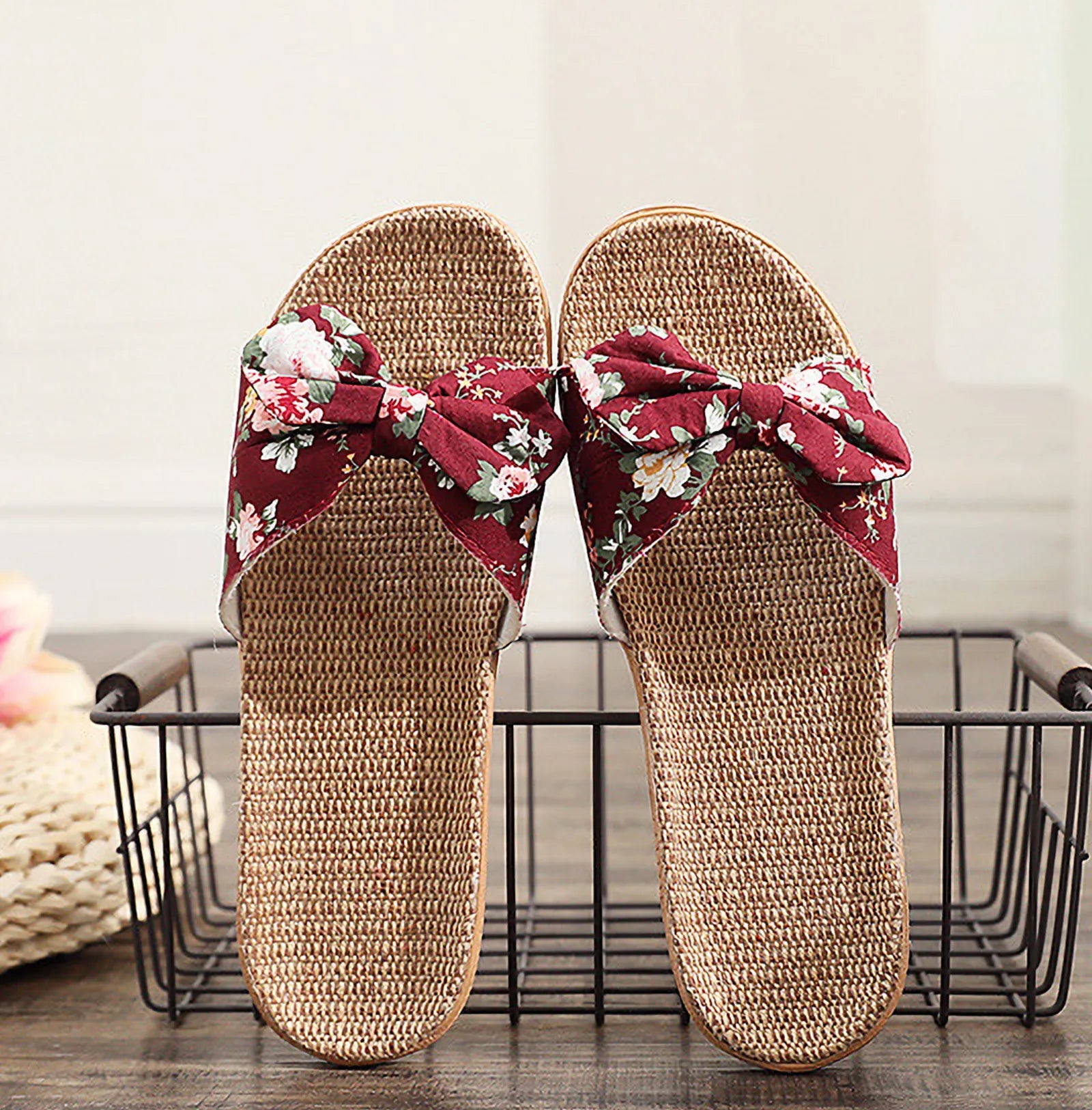 Top view of Burgundy Floral Linen Slippers on wire basket - RoomDen
