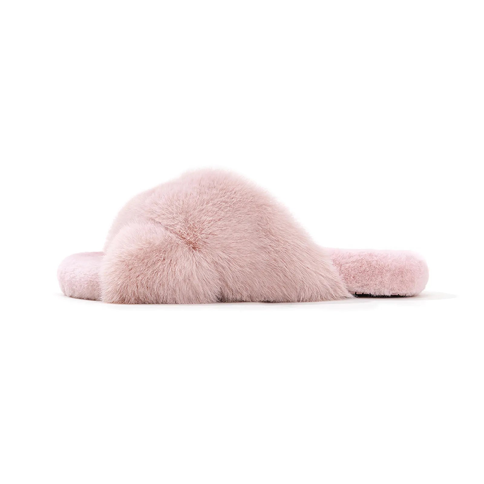 Side profile of pink faux fur slipper showing thick sole - RoomDen