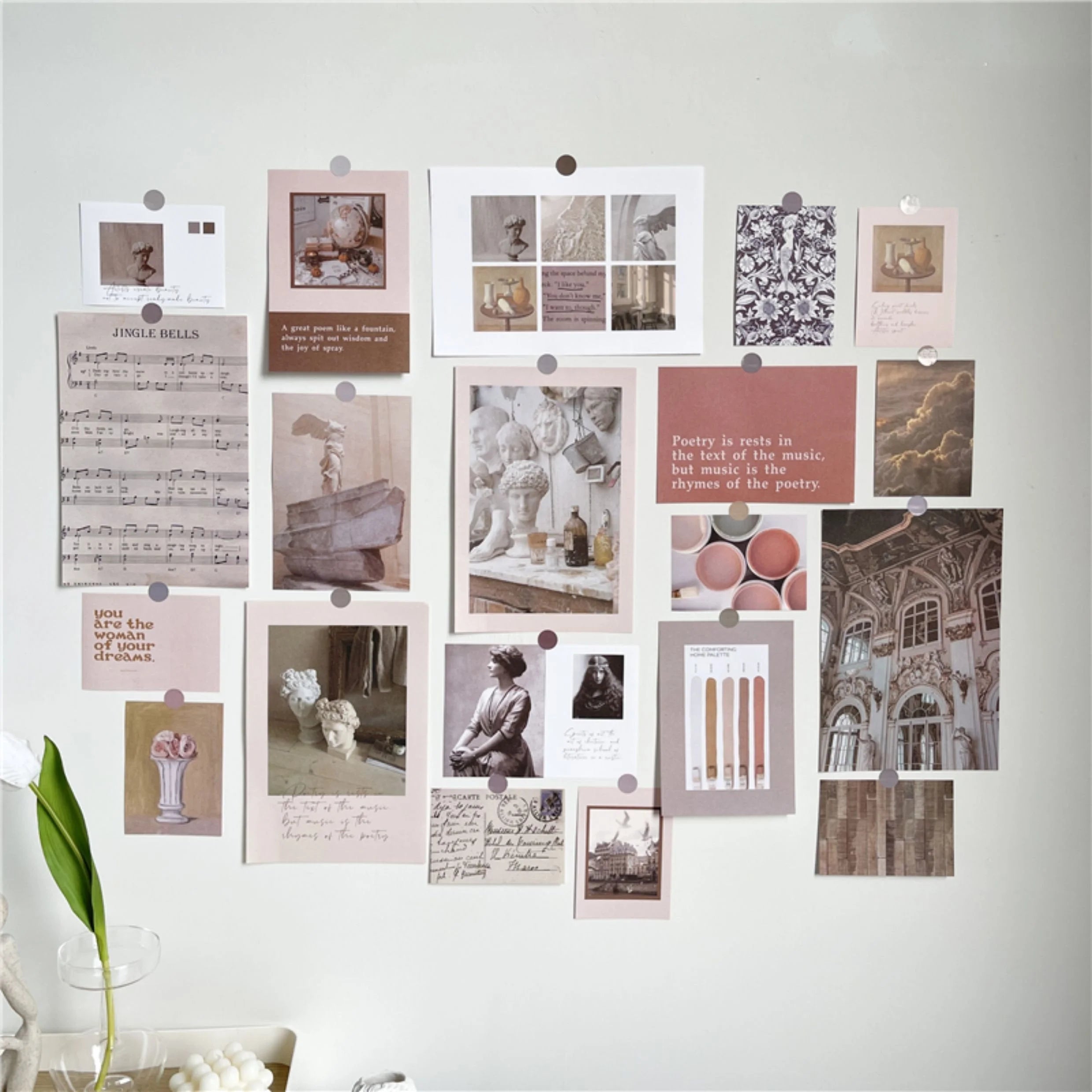 Full view of the aesthetic wall collage kit on a white wall, highlighting the warm, neutral color palette - RoomDen.