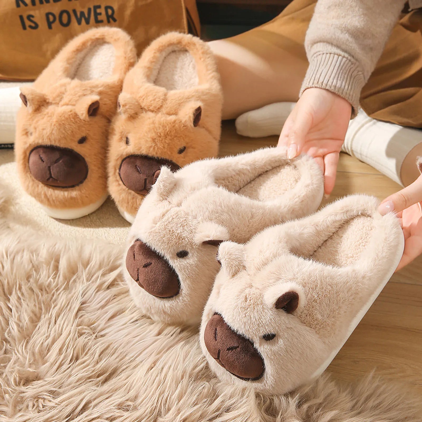 Cocoa Brown and Creamy Beige Capybara plush slippers side by side RoomDen