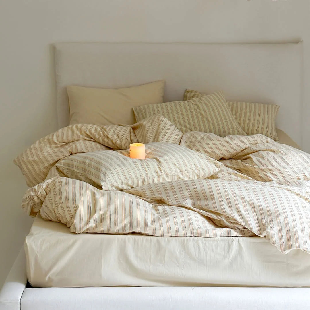 Cozy Yellow and White Pinstripe Bedding Set with Candle Light - RoomDen