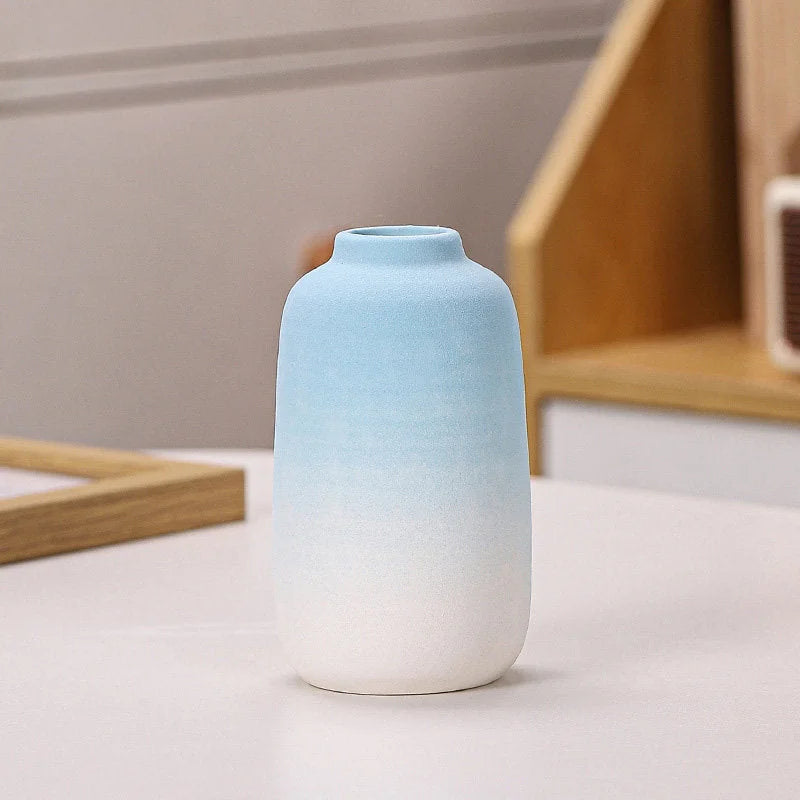 Blue Ombre cylinder-shaped frosted ceramic vase on a white surface - RoomDen.