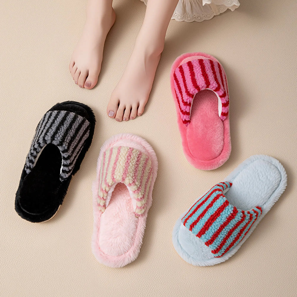 RoomDen Fuzzy Striped Plush House Slippers group flatlay showing Black, Pink, and Red variants - Danish Pastel