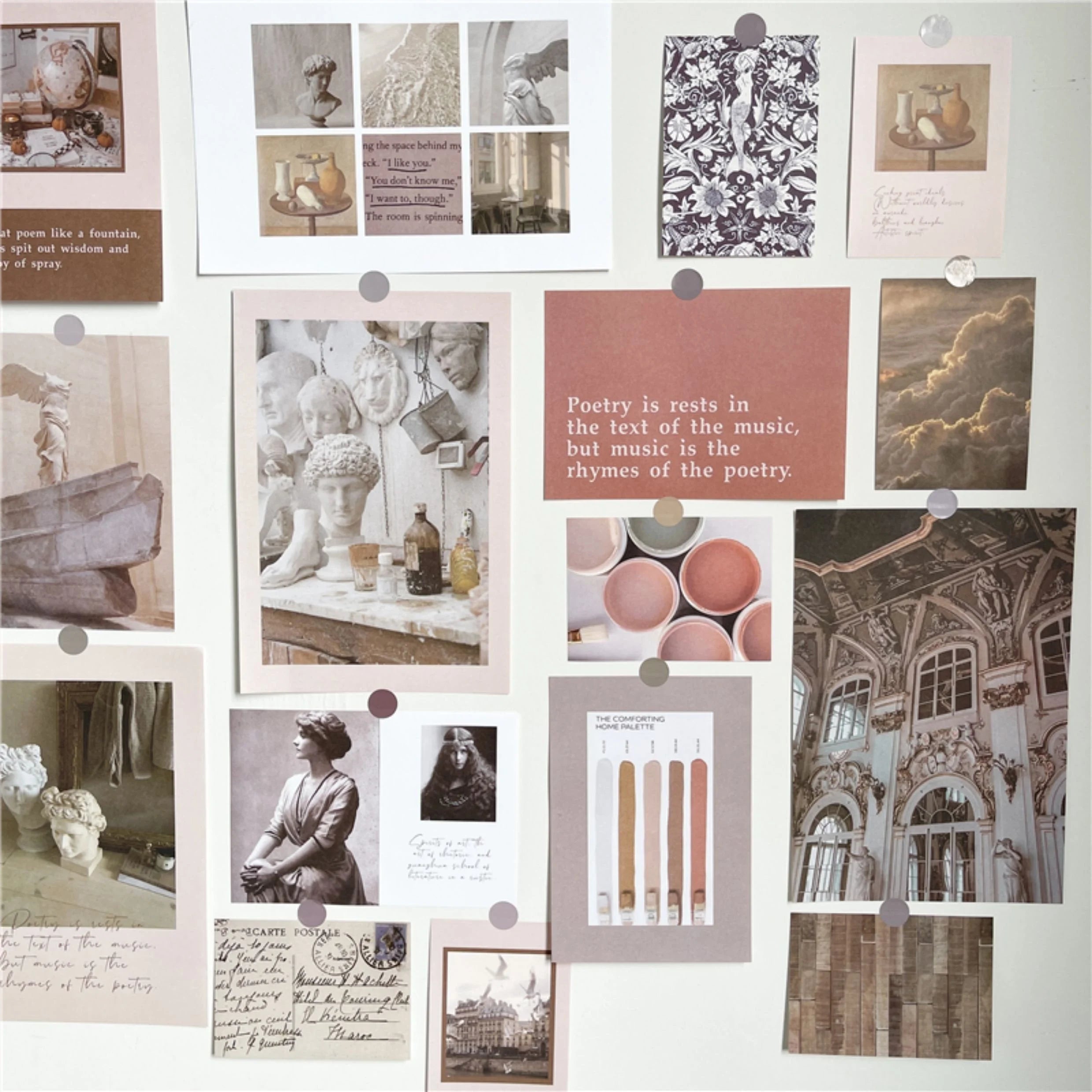 A closer look at the arrangement of the collage kit, showcasing poetry quotes and vintage portraits on kraft paper.