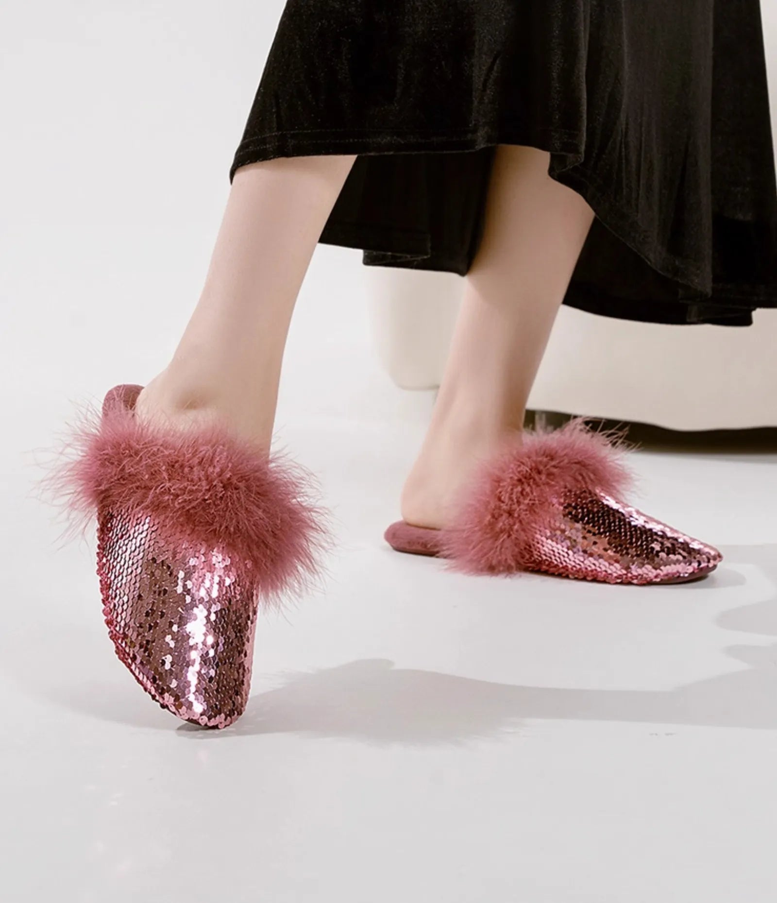 Front view of pink sparkly slippers showing iridescent texture - RoomDen