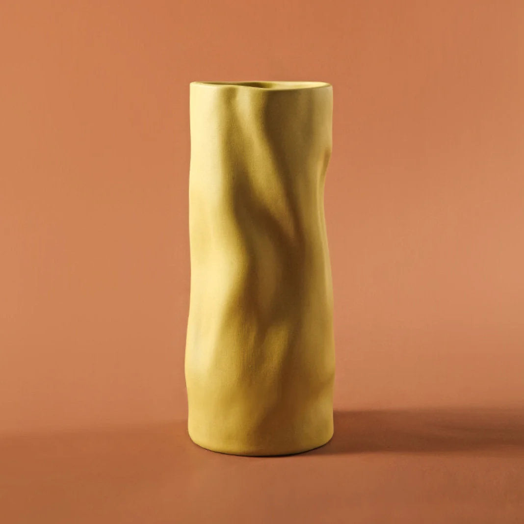 Front view of the Ruched Frosted Ceramic Vase in a bright Lemon yellow color - RoomDen.