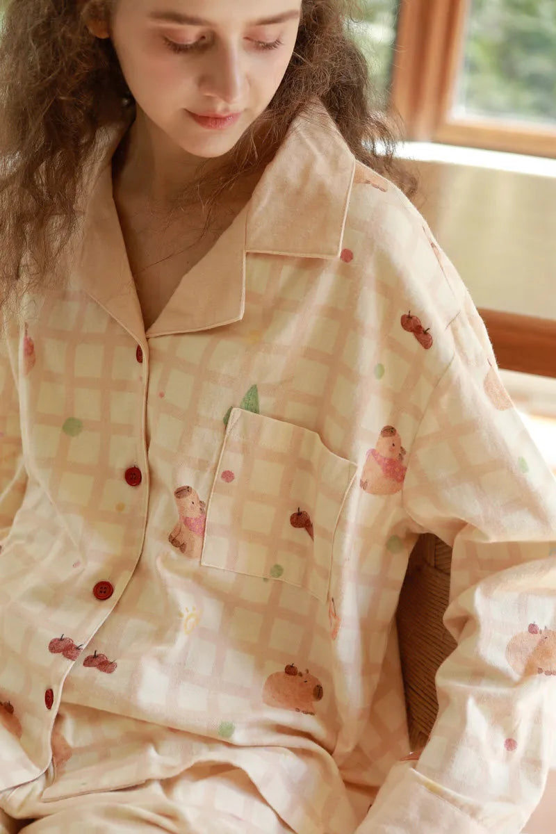 RoomDen Soft Capybara Plaid Cotton Pajama Set - Beige Kawaii Sleepwear Top Detail