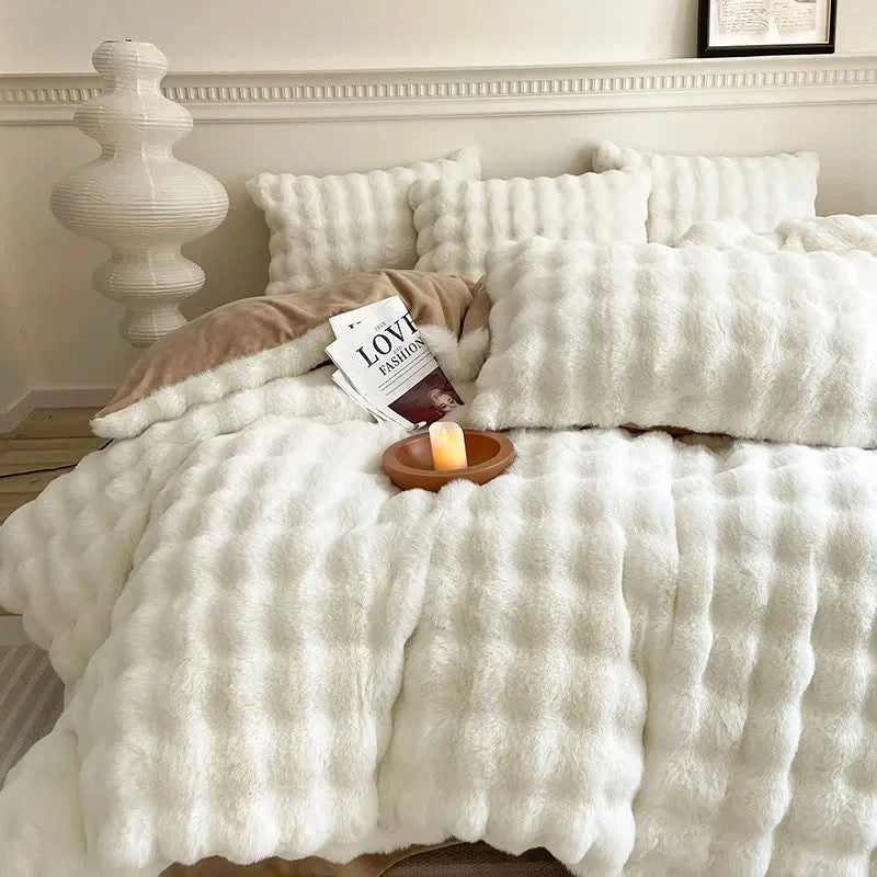Full bed view of the Cream White textured fleece bedding in an elegant bedroom. - RoomDen