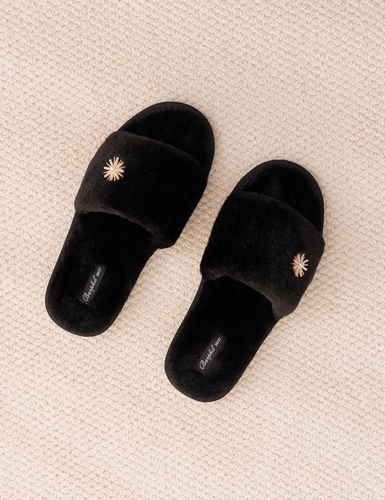 Pair of Black Plush House Slippers with Gold Flower Charm - RoomDen