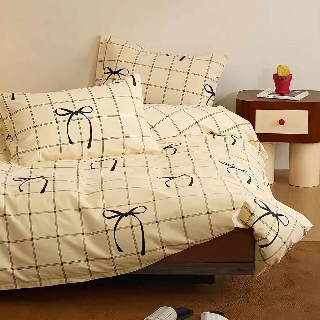 Bow & Plaid Cotton Bedding Set showing the texture and pattern on a modern bed frame. - RoomDen