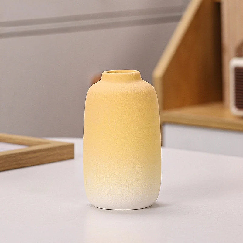 Yellow Ombre cylinder-shaped frosted ceramic vase on a white surface - RoomDen.