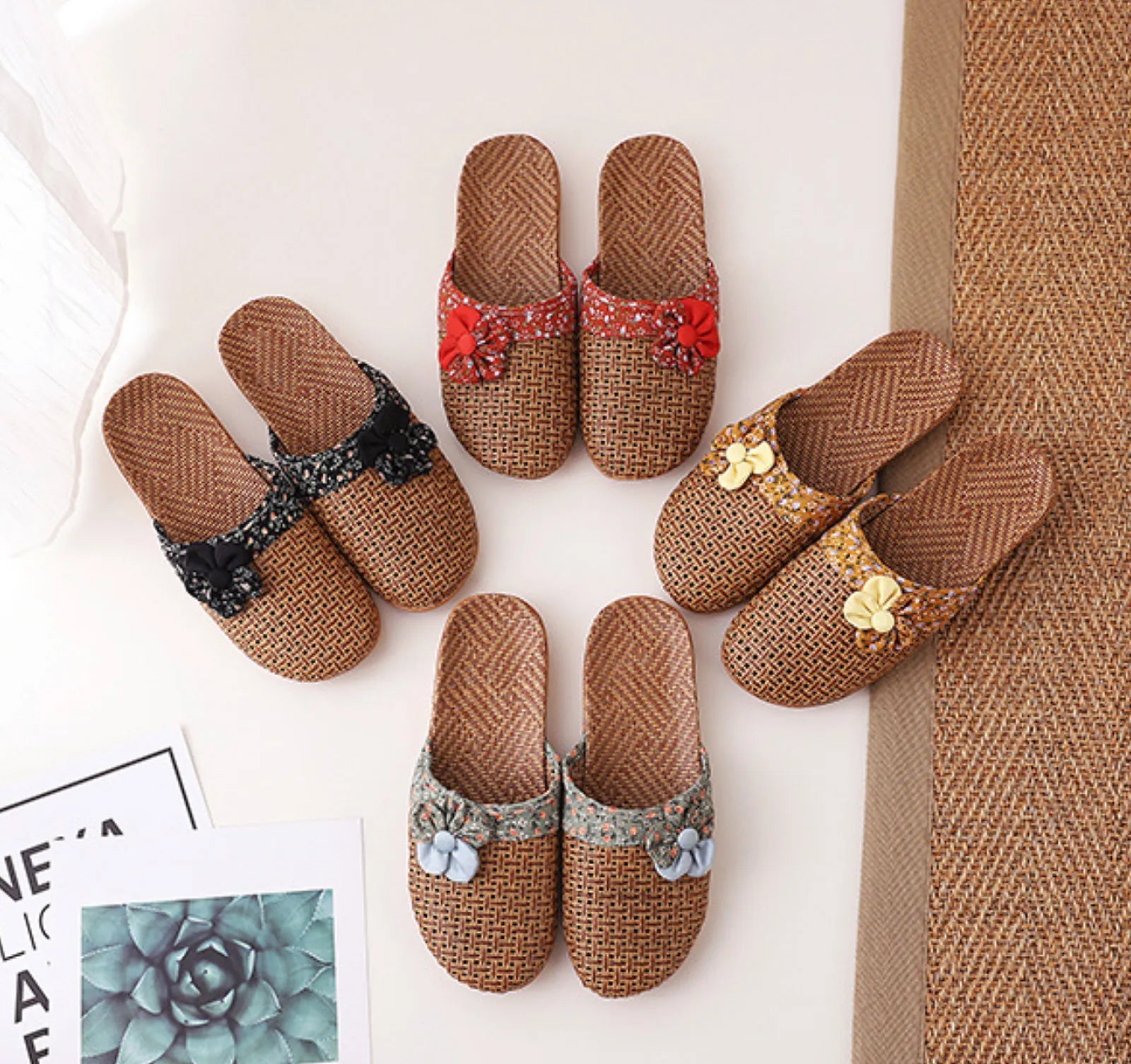 Trio of Woven Rattan Slippers in Red Yellow and Green - RoomDen