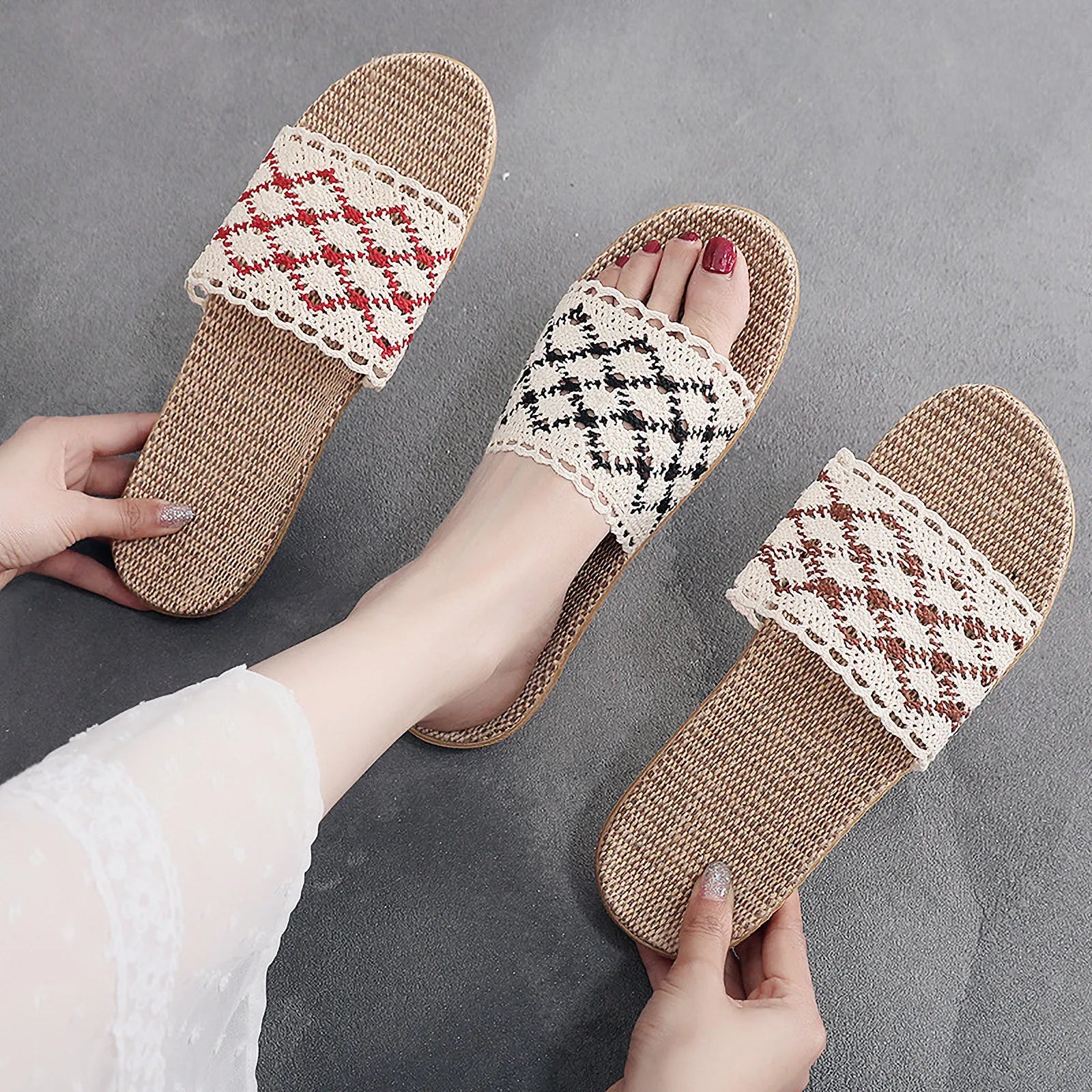 White and red crochet lace linen house slippers showing geometric pattern - RoomDen