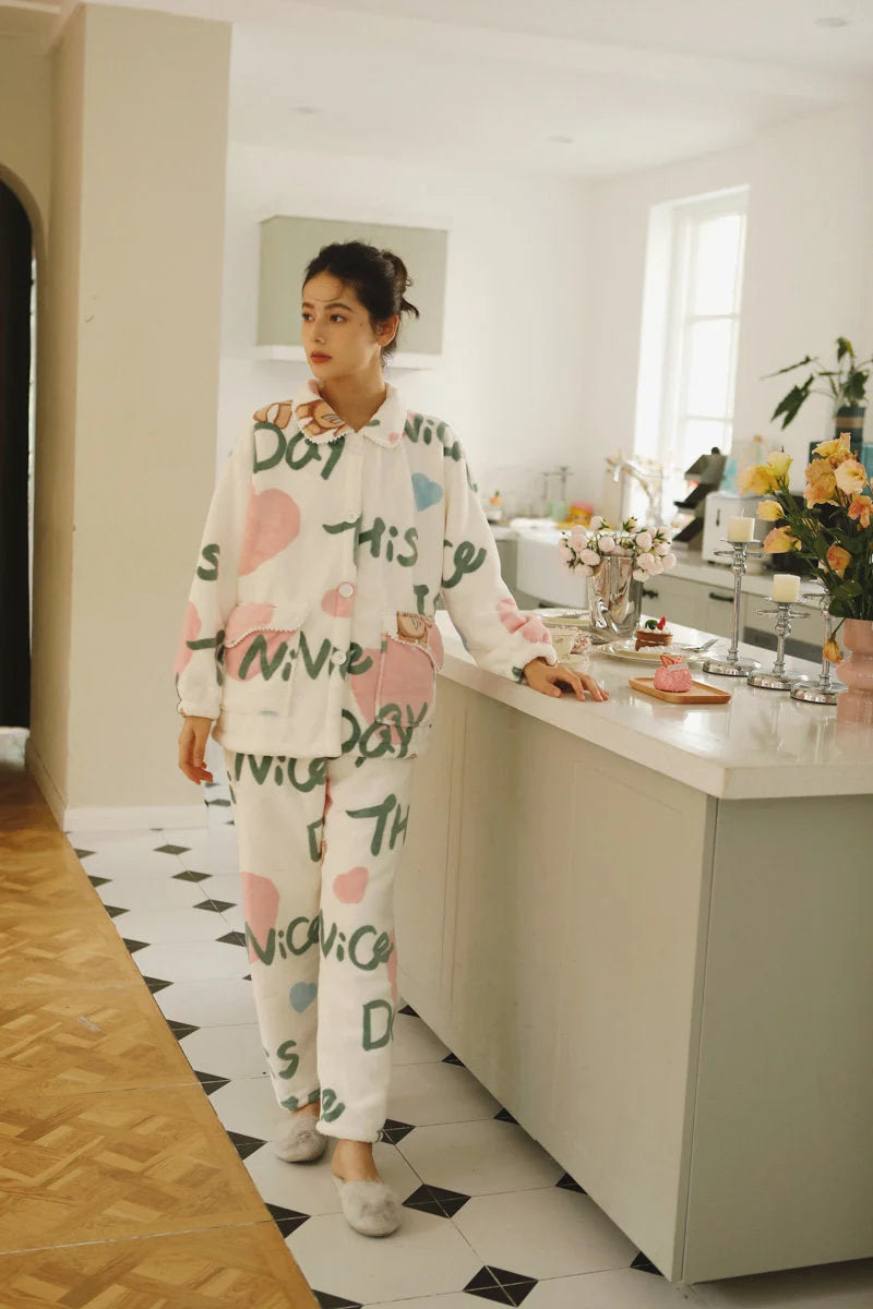 Full Body Shot of Kawaii Bear Print Fleece Pajama Set for Winter - RoomDen