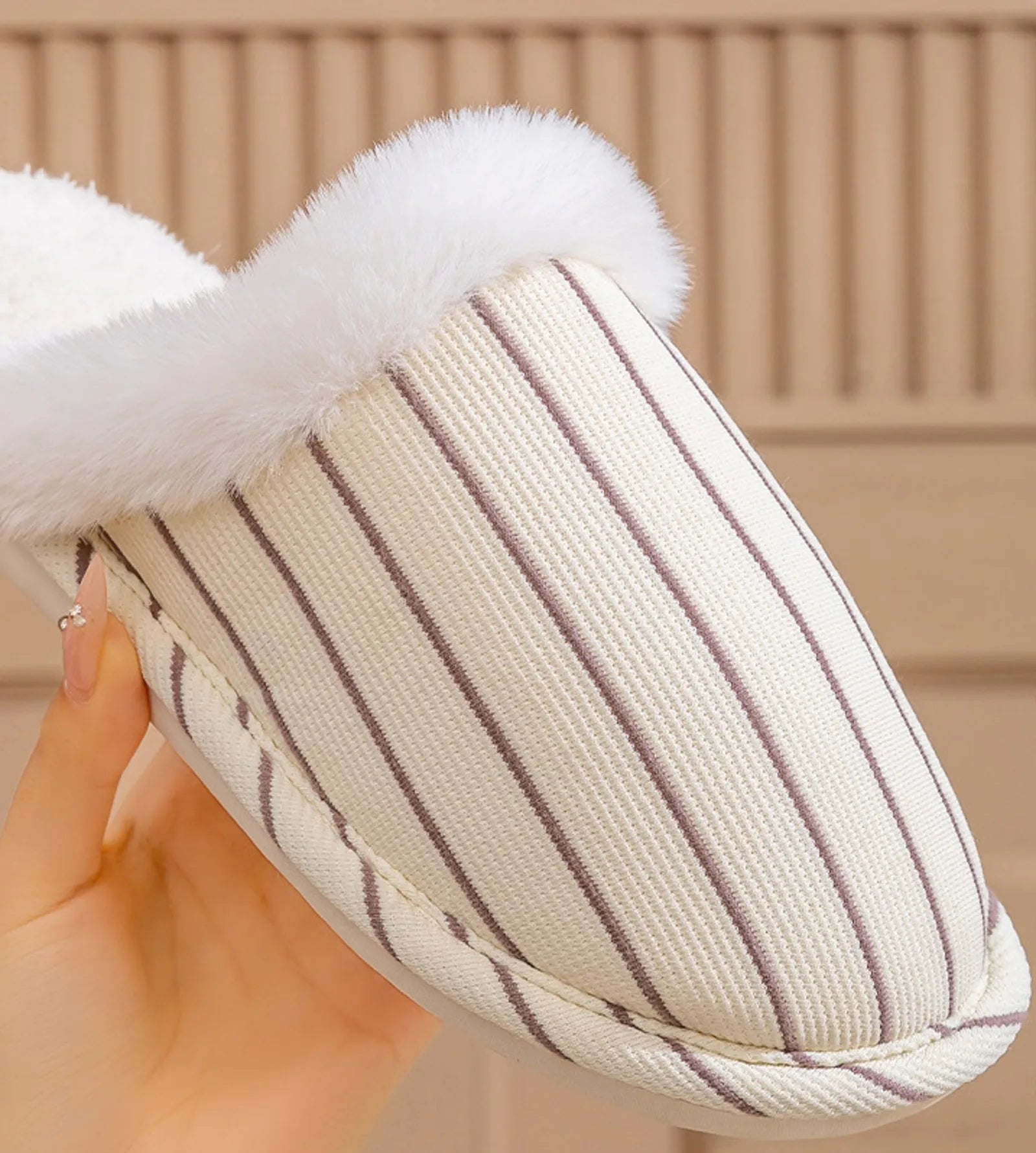Macro detail shot of beige corduroy fabric texture and faux fur lining - RoomDen