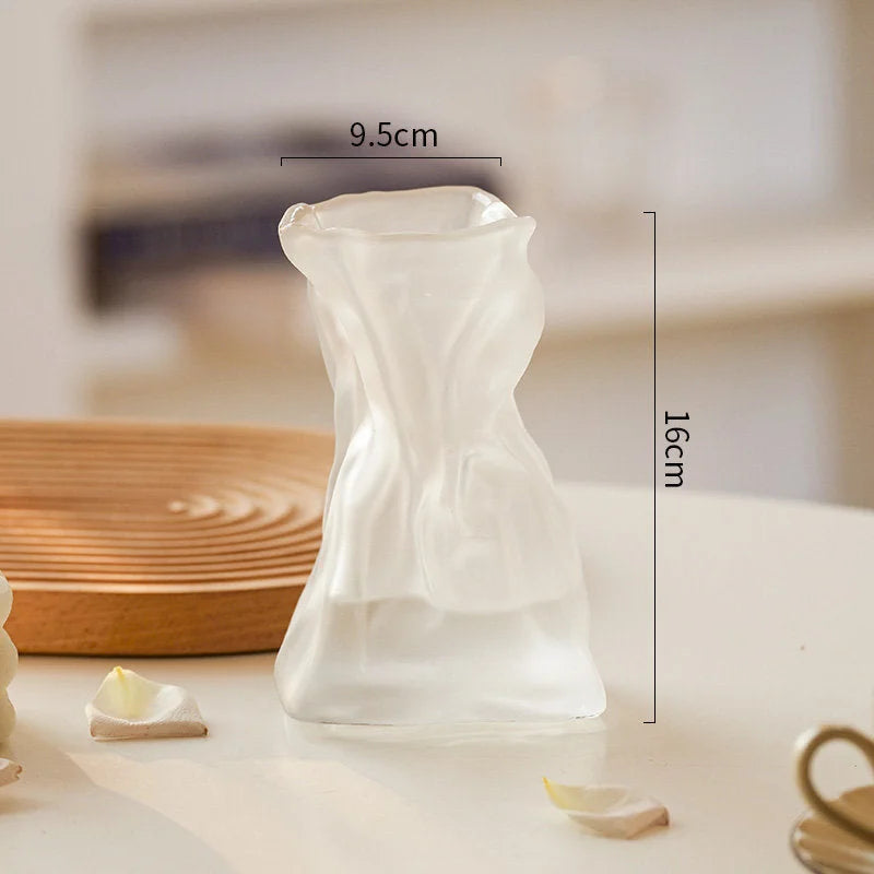 Close-up of the small frosted white Sculptural Crumpled Glass Vase with dimensions shown.