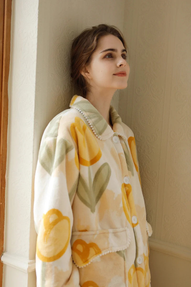 Side Profile of Woman Wearing Soft Flannel Loungewear Leaning on Wall - RoomDen