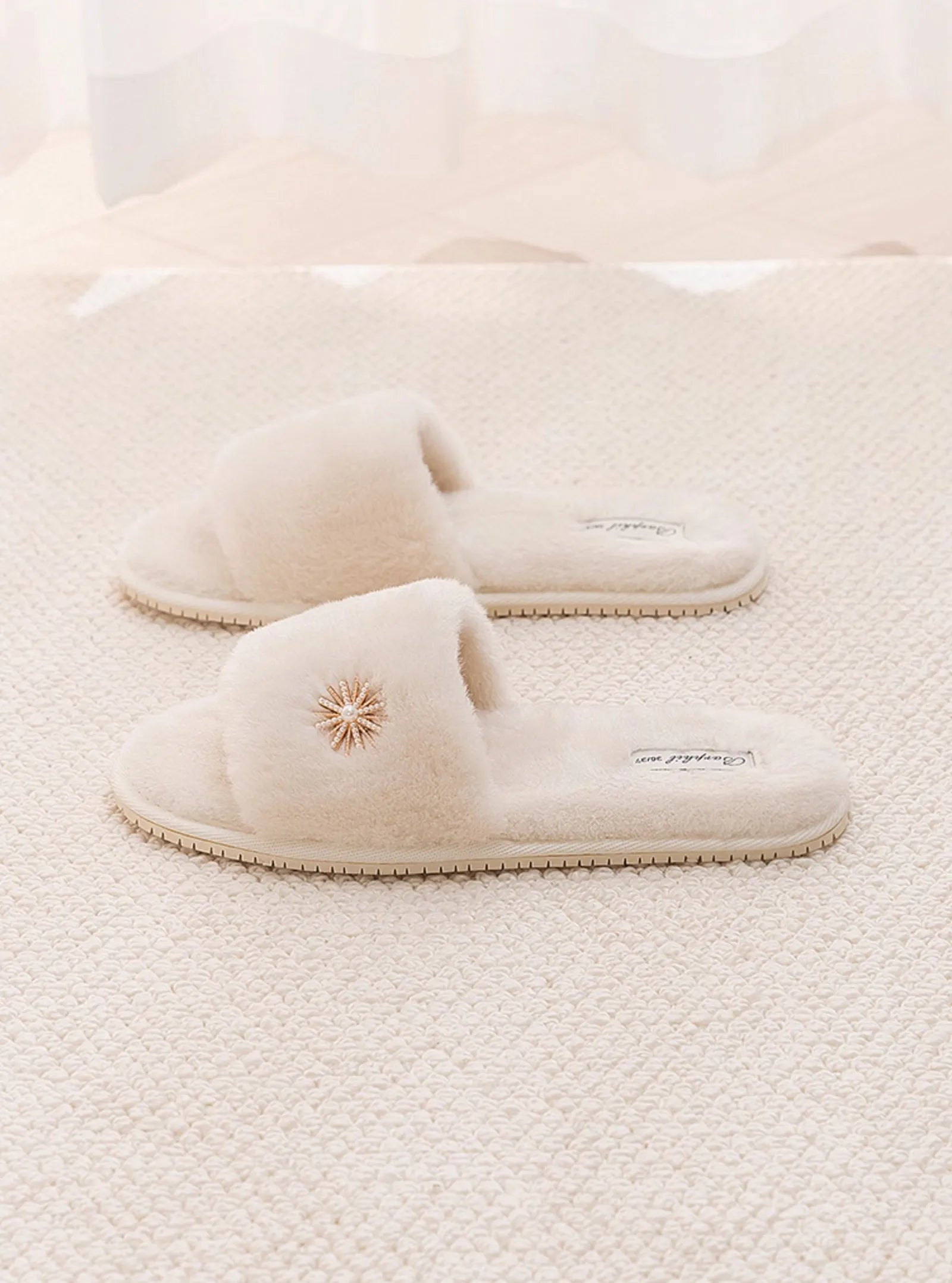 Pair of White Faux Fur Slides with Jeweled Embellishment - RoomDen