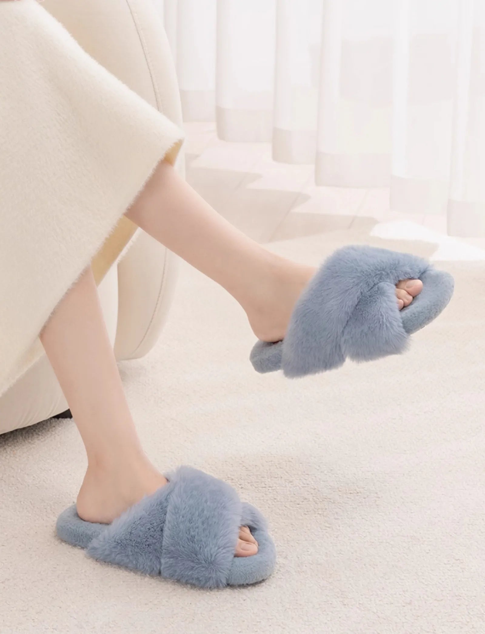 Blue plush cross-band faux fur house slippers on feet - RoomDen