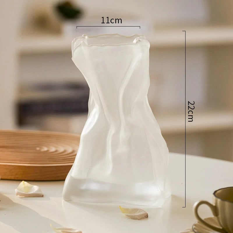Front view of the large frosted white Sculptural Crumpled Glass Vase with its dimensions.