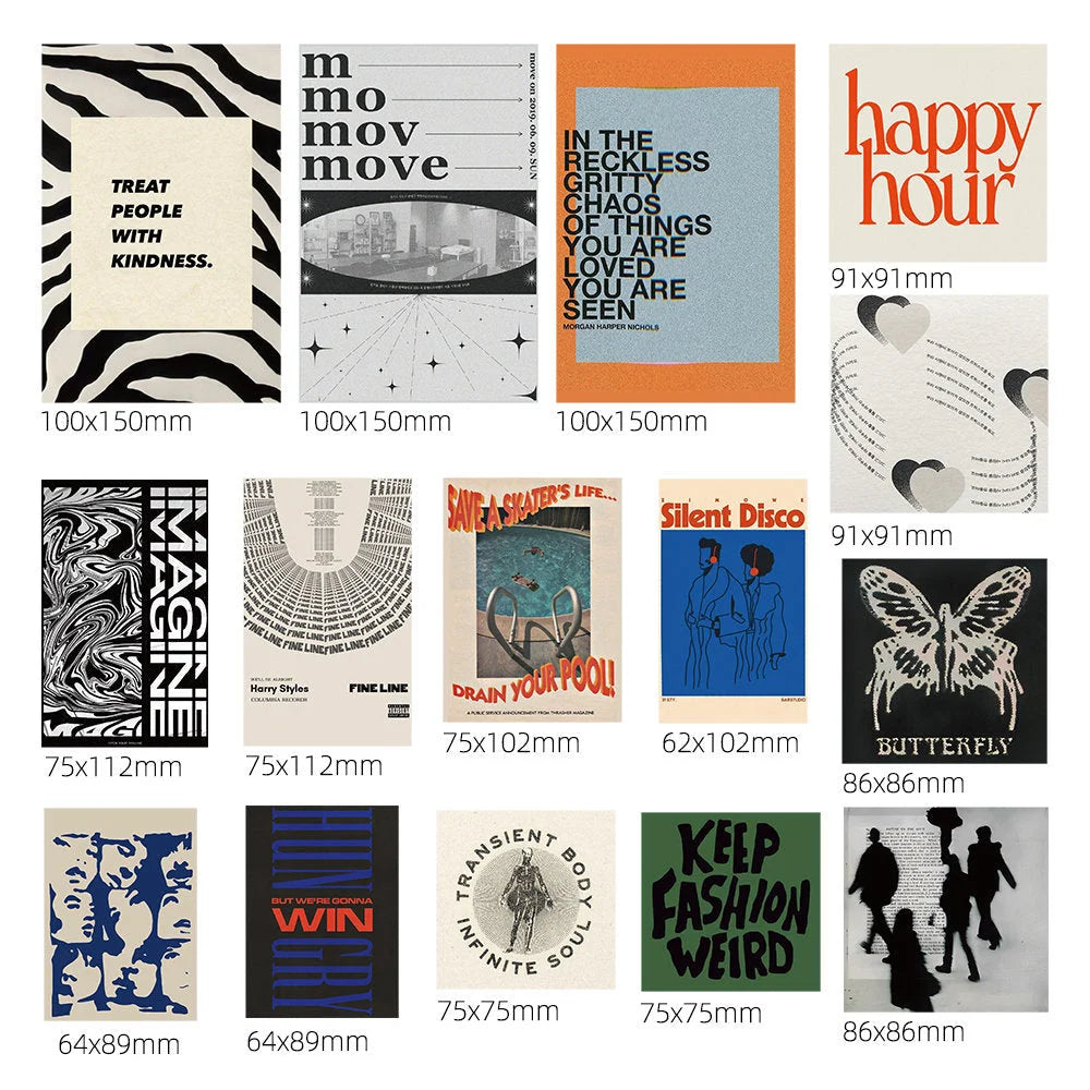 All 16 posters from the Indie Wall Collage Kit laid out with their individual dimensions in millimeters listed below each print - RoomDen