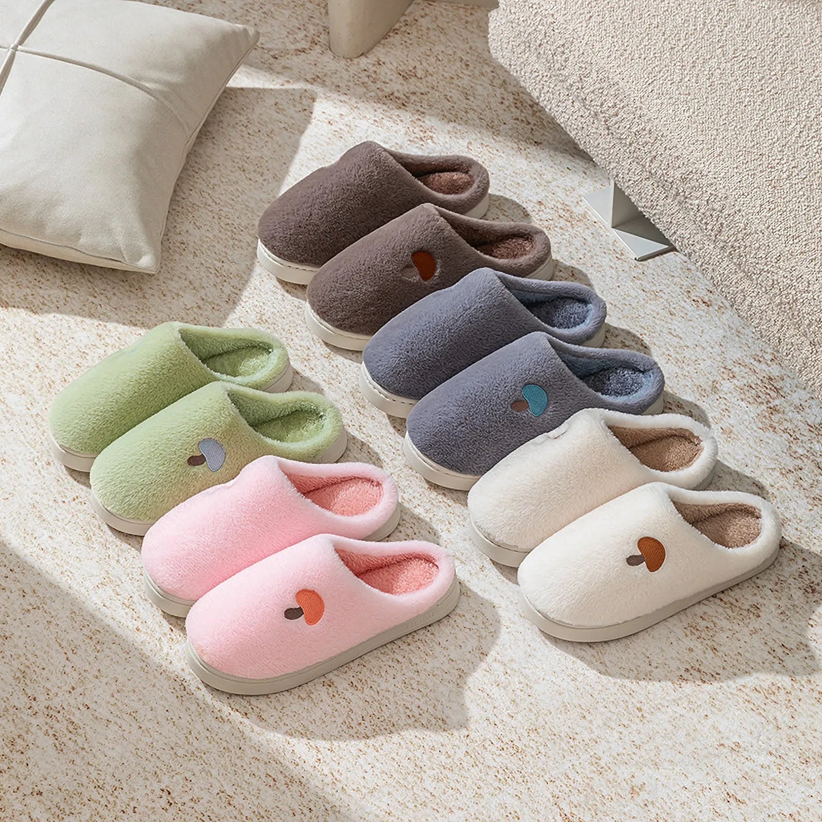 Collection of Plush Mushroom Embroidered Fleece House Slippers in Pink, White, Green, Grey, and Brown - RoomDen